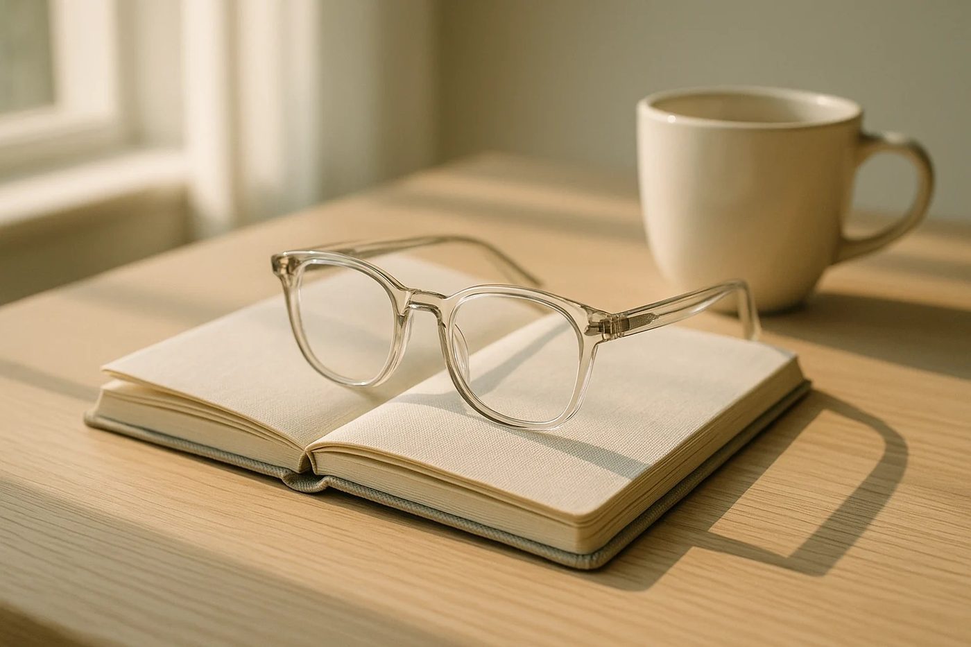 Reading glasses resting on an open linen-bound notebook beside a white ceramic cup on pale oak, in bright clean morning light.