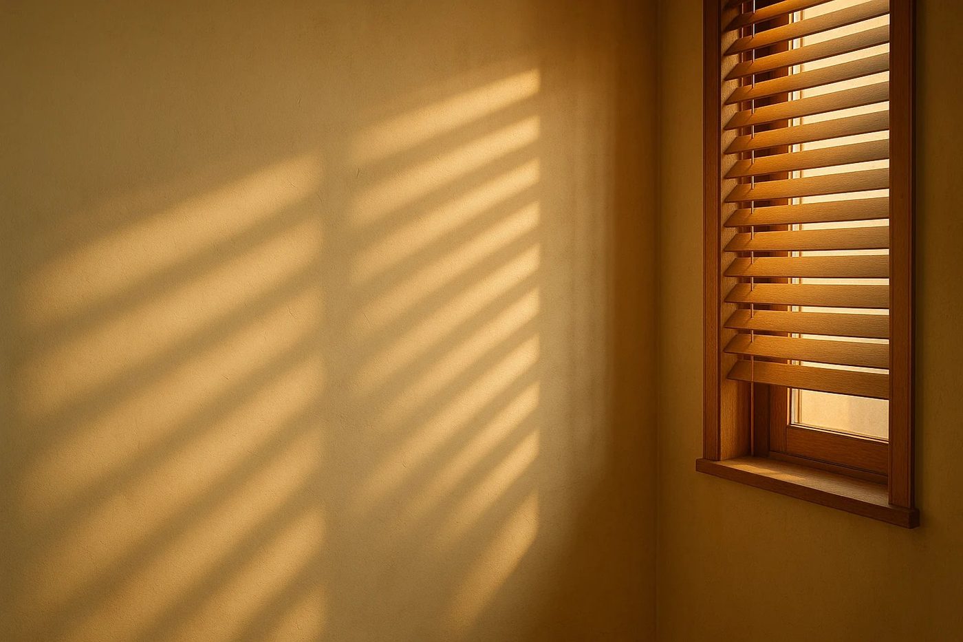 Morning sunlight through a wooden window blind casting uneven bands of light across a warm cream wall, standing in for the irregular rhythm of perimenopause.
