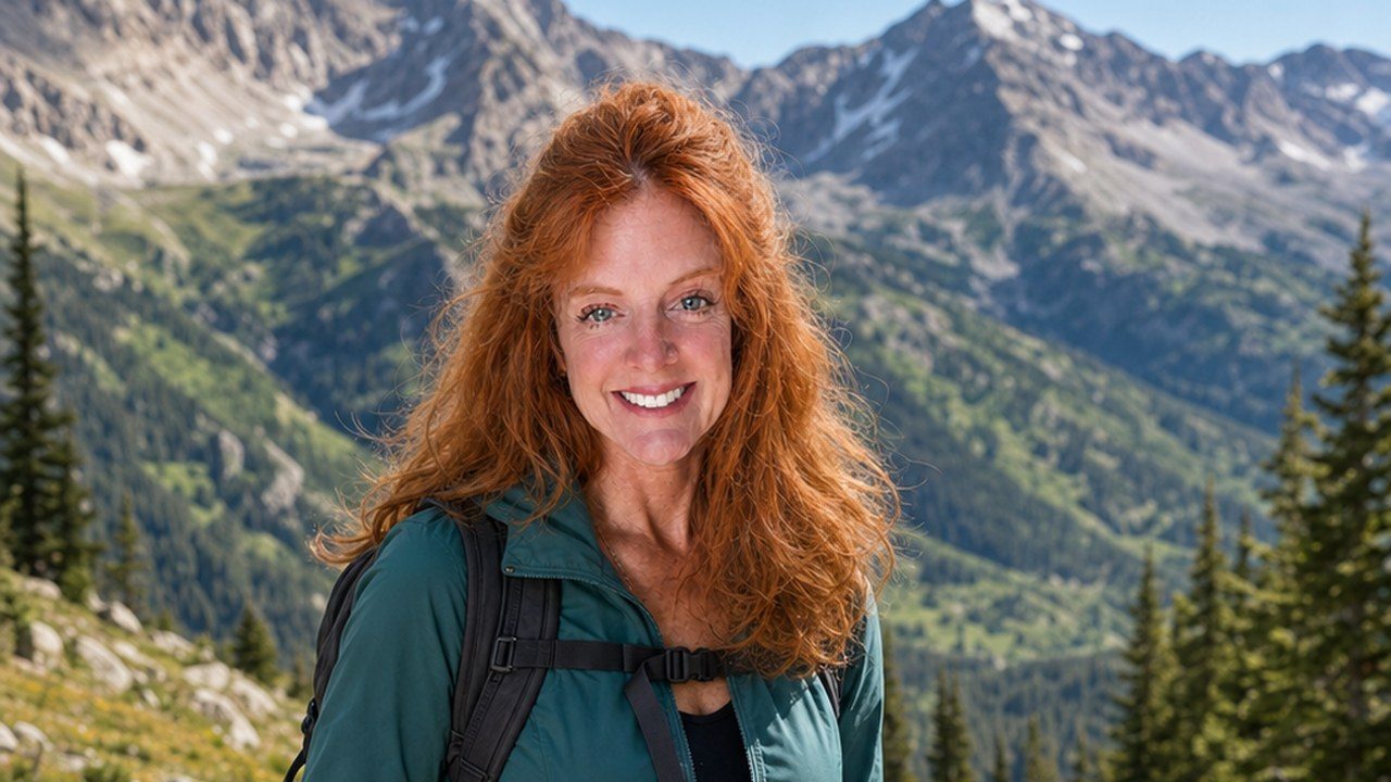 Annette Thompson, red-haired and smiling with trekking poles, hiking a Colorado mountain trail, representing energy and drive.
