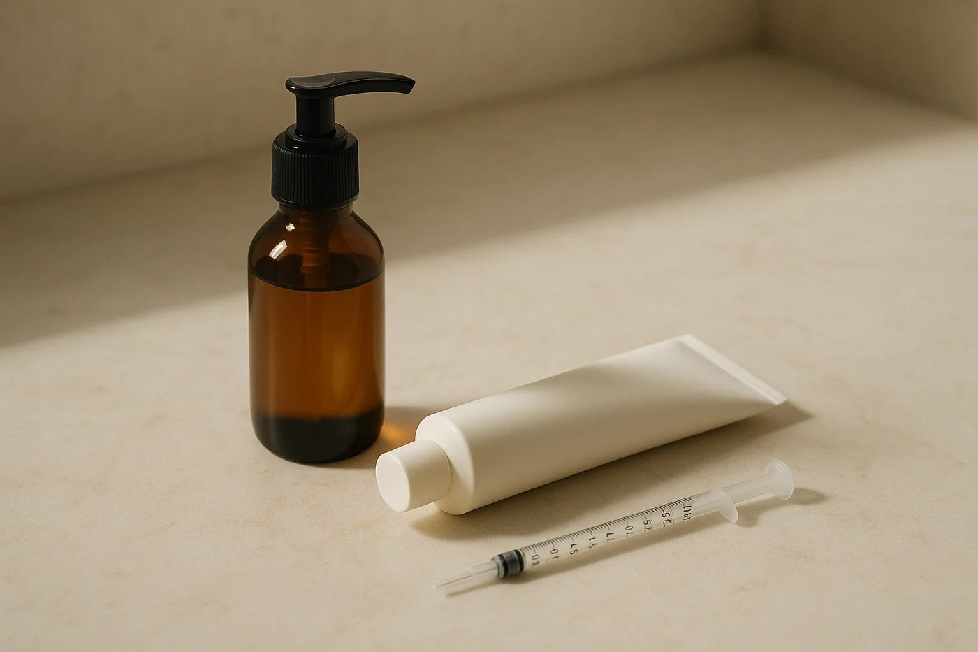 An amber pump bottle, a plain white cream tube and a fine measuring syringe on pale marble in soft window light, representing the delivery forms testosterone comes in for women.
