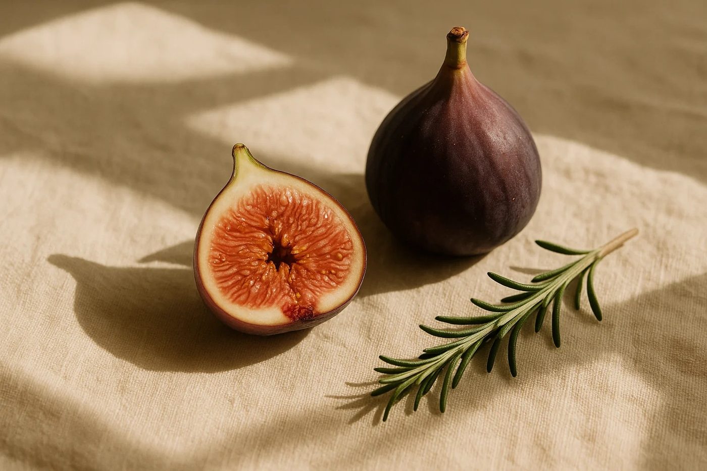 Two figs, one halved to show its interior, on cream linen in raking morning light, an editorial still life standing in for desire in midlife.